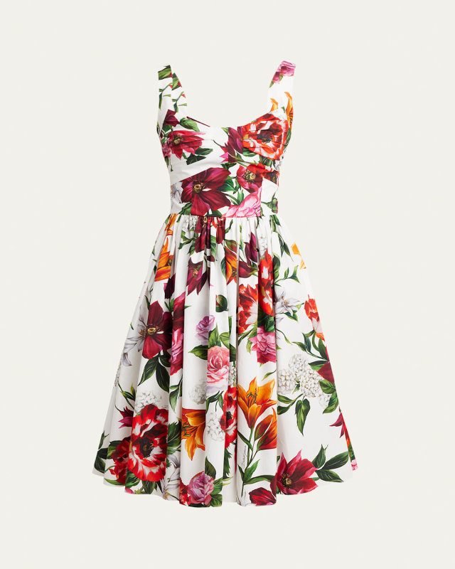 Floral Poplin Pleated Bust Fit-&-Flare Dress